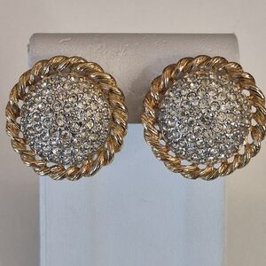 Vintage St John Gold Plate Pave Twisted Rope Framed Crystal Clip Signed Earrings